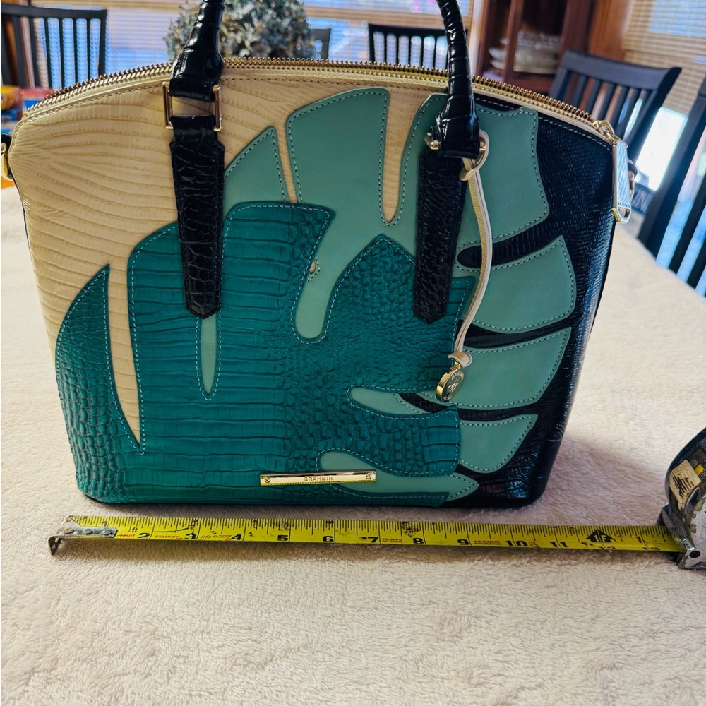 Brahmin Teal and Cream Leaf Satchel